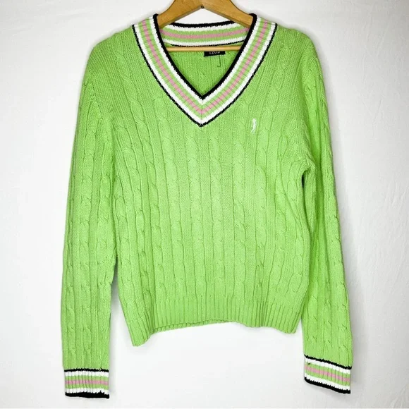 VINTAGE Preppy Lime Green Cable-Knit V-Neck Sweater with Striped Trim - Picture 1 of 11
